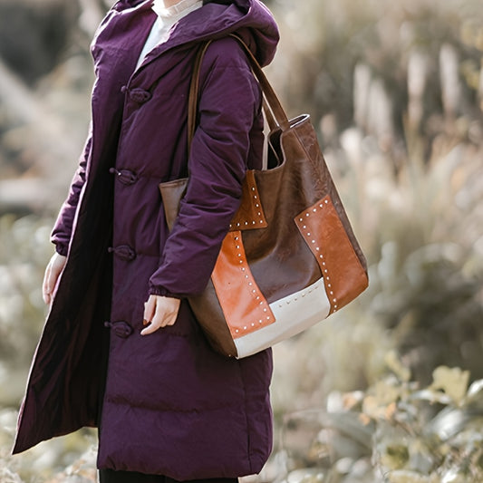 fachgo | Vintage Patchwork Tote Bag, Retro Colorblock Shoulder Bag, Handbag