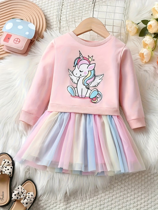 fachgo | Rainbow Tutu Hem Unicorn Print Long Sleeve Sweatshirt Dress - Magical Party & Vacation Outfit for Trendy Girls - Cozy Spring/Autumn Wear