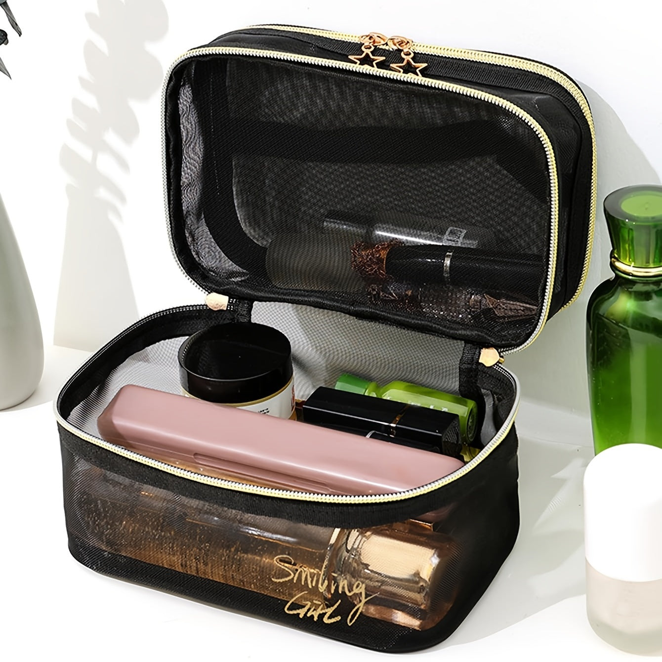 fachgo | Spacious Travel Cosmetic Organizer - Dual-Layer Clear Mesh Makeup Bag with Secure Zipper for Women