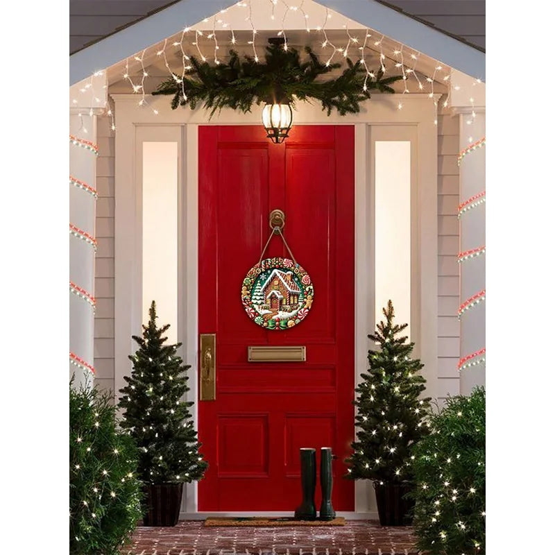 fachgo | Christmas Wooden Decorations2DRelief Snow House Gingerbread Man Candy Garland Sign For Courtyard Balcony Door Outdoor Home Decor