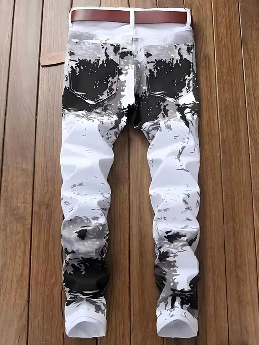 fachgo | Men's Jeans Casual Black And Grey Printed Denim Pants Slim Fit Straight Leg Comfort Mid Waist White Trousers