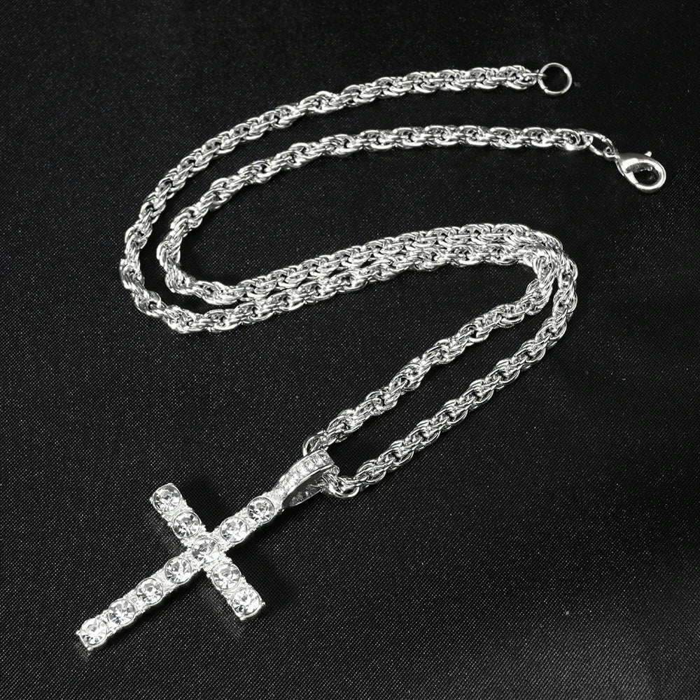fachgo | Hip Hop Iced Out Cross Pendant Necklace Strap 4mm Zircon Tennis Chain Men Women Sparkling Necklace Punk Jewelry Fashion Gift