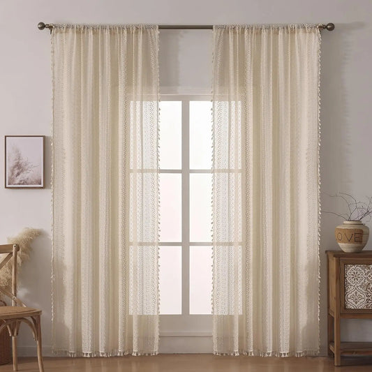 fachgo | 1PC Japanese Boho Style Voile Tulle Curtains for The Living Room Rod Pocket Vintage Tassel Bohemian Decor Geometry