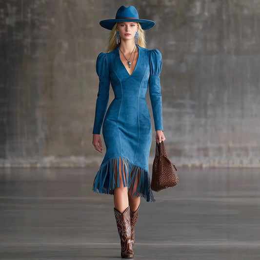 fachgo | Western Retro Tassel Dresses for Women Sexy V-neck Puff Sleeve Slim Hips Dress Long Sleeve Mini Dress 2026 Ladies Dress