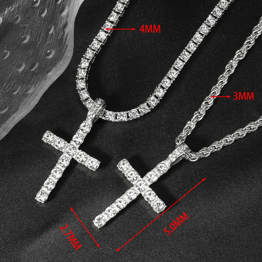 fachgo | Hip Hop Iced Out Cross Pendant Necklace Strap 4mm Zircon Tennis Chain Men Women Sparkling Necklace Punk Jewelry Fashion Gift