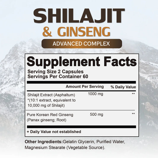 fachgo | Shilajit & Ginseng Supplement - Provides Energy and Endurance, Enhances Brain & Memory, Immune Support - 120 Capsules