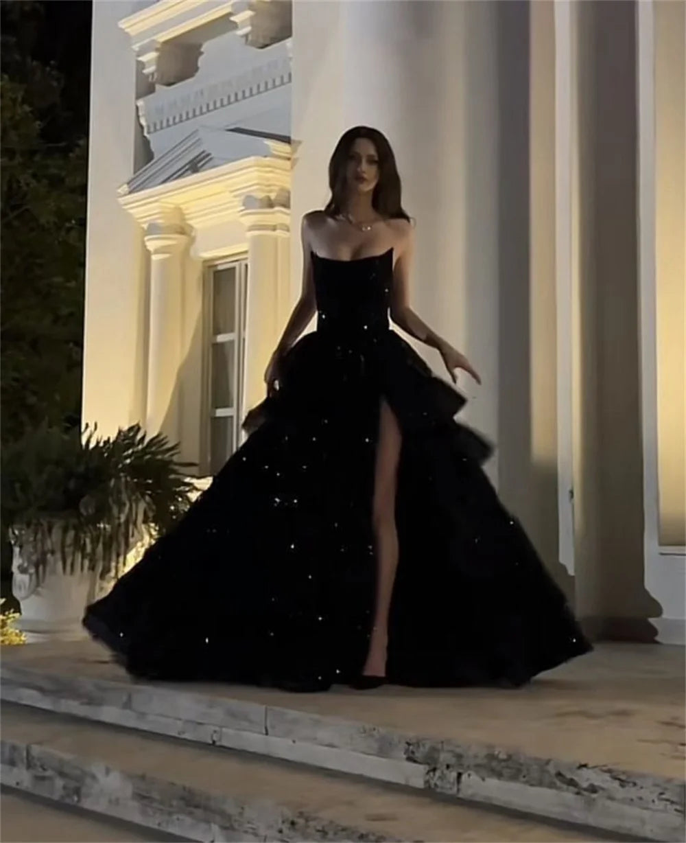 fachgo | Bella Black Tulle Prom Dresses Side Split A-line Strapless Wedding Dress Elegant Customized Sleeveless Vestidos De Fiesta 2024