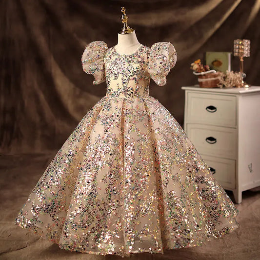 fachgo | Champagne Girls Princess Dress Puffy Tutu Flower Girl Wedding Piano Recital Formal Gown for Kids