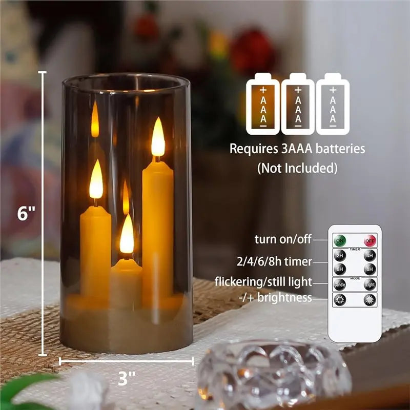 B89B-Flameless Taper Short Candles 3 In 1 Design With 10 Key Remote Control And Timer, 3" X 6" Grey Pillar Flickering Warm Light