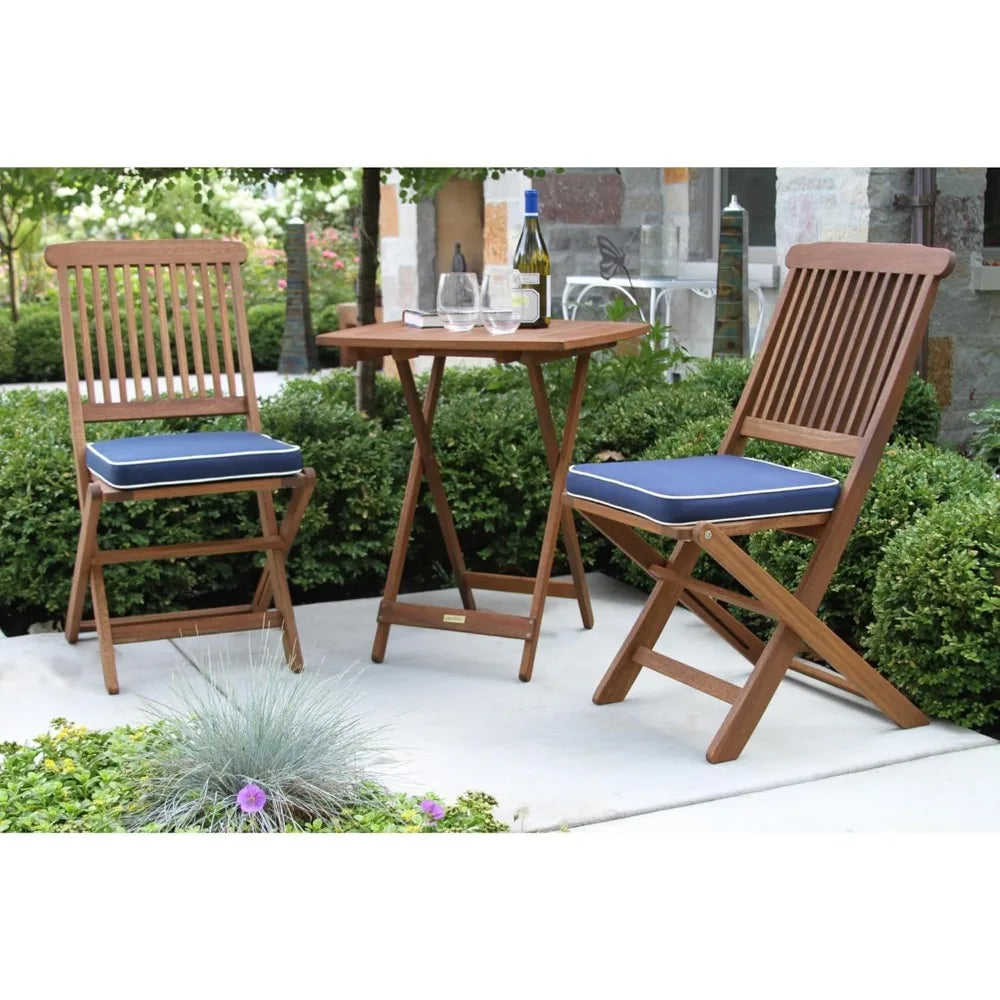 fachgo | Square Foldable Bistro Patio Furniture Set - 3-Piece Eucalyptus Wood Outdoor Set with Table and 2 Cushioned Chairs, Ideal for Ou