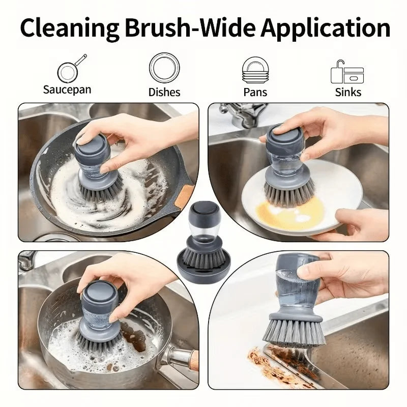 Dishwashing Brush With Soap Dispenser, Kitchen Scrub Brush Suitable For Dishes, Pans, Sinks, Cleaning With Holder Set