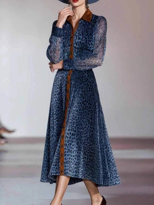fachgo | Elegant Woman Dresses Retro Turndown Collar Leopard Print Long Dress Autumn Single Breasted Long Sleeve Western Cowboy Dress