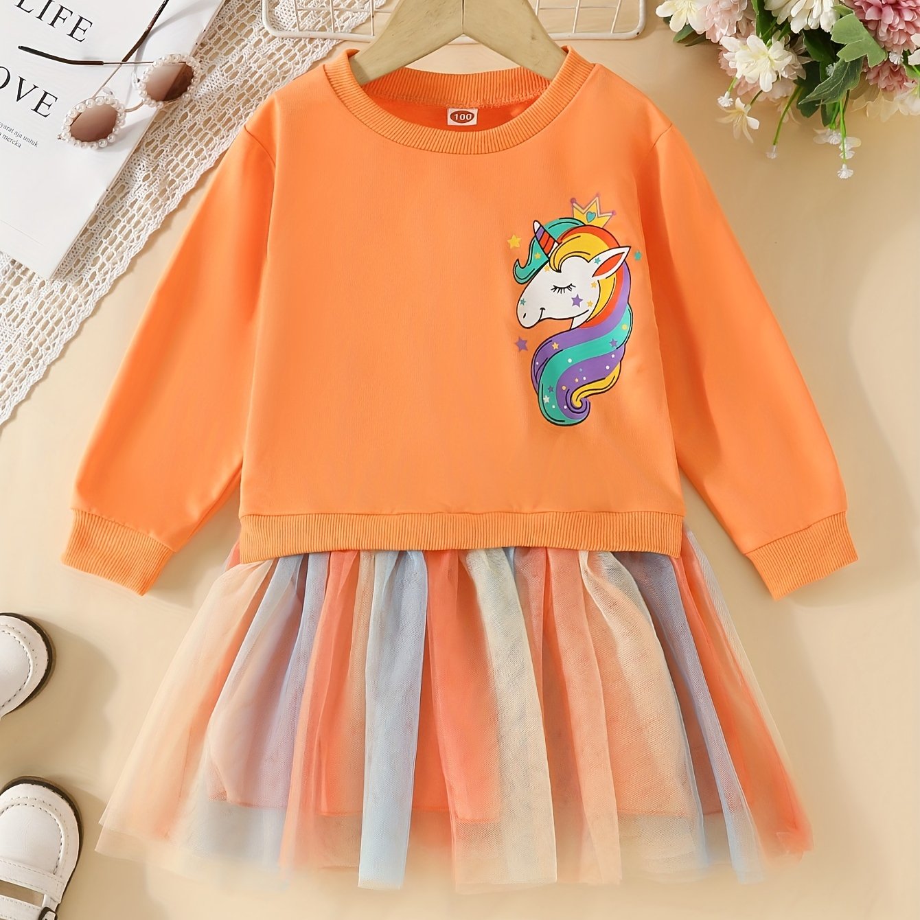 fachgo | Rainbow Tutu Hem Unicorn Print Long Sleeve Sweatshirt Dress - Magical Party & Vacation Outfit for Trendy Girls - Cozy Spring/Autumn Wear