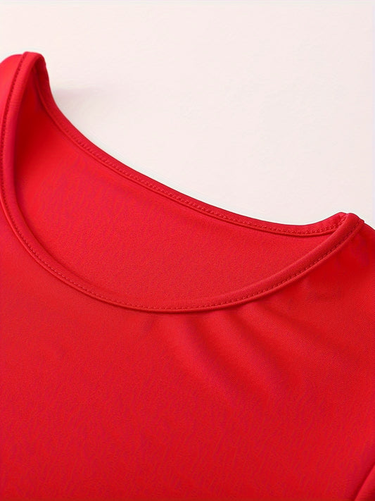 fachgo | Women'S Plus Size Floral Print Red Colorblock Midi Dress with Short Sleeves - Elegant Crew Neck, Medium Stretch Polyester Fabric, Perfect for All Seasons