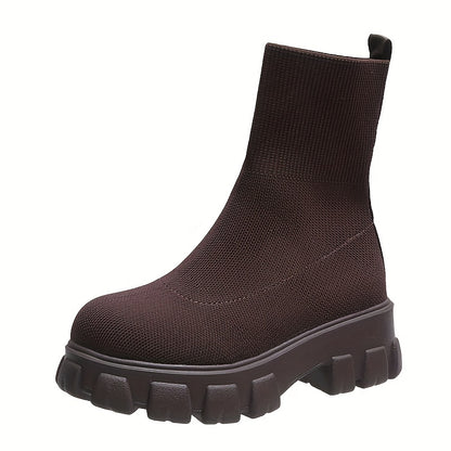 fachgo | Women's Thick-soled Short Boots, Knitted Round Toe Shoes, Women Shoes