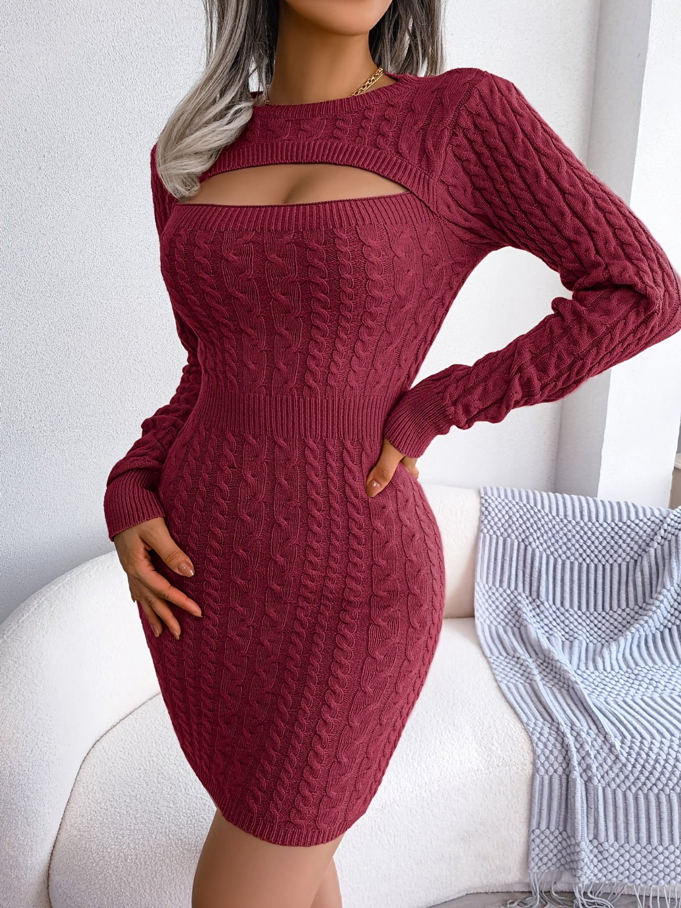 fachgo | Solid Ribbed Knit Keyhole Dress, Elegant Crew Neck Long Sleeve Bodycon Dress - Stretchy & Comfortable Fabric - For Women - Perfect for Parties & Night Out - Ideal Gift for Her