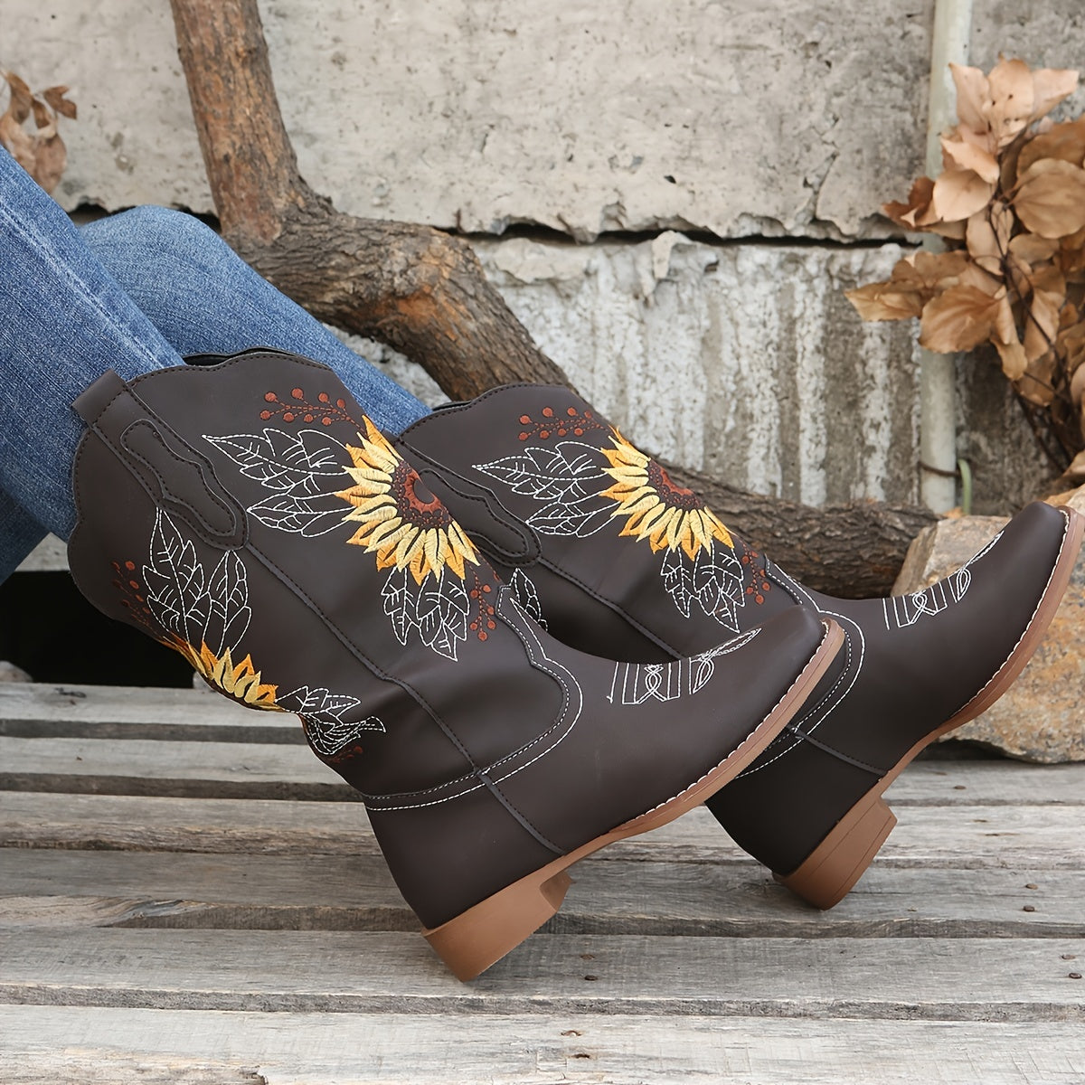 fachgo | [Mid Calf Embroidered Western Boots] Women's Embroidered Mid Calf Western Boots, Faux Leather Fashion Boots, Women's Footwear