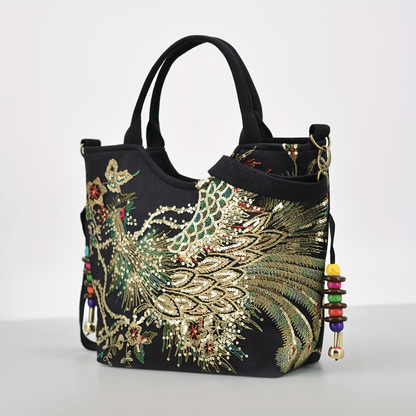 fachgo | Wo 'S Embroidered Satchel Bag, Fashion Double Handle Purse, Retro Style Handbag with Removable Strap