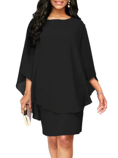 fachgo | Plus Size, Plus Size Women's Classic Solid Color Cover-Up Faux Two-Piece Blouse Chiffon Dress