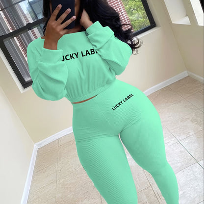 fachgo | [Women's Sweatshirt Set] Letter Embroidery Women's Two Piece Ribbed s Fall Spring Long Sleeve Sweatshirt and Skinny Pants Set