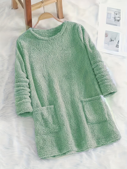 fachgo | Women's Cozy Plush Sweatshirt, Soft Purple Long Sleeve Pullover with Front Pockets Round Neck, Casual Sweater for Spring/Fall, Everyday & Formal Outfits