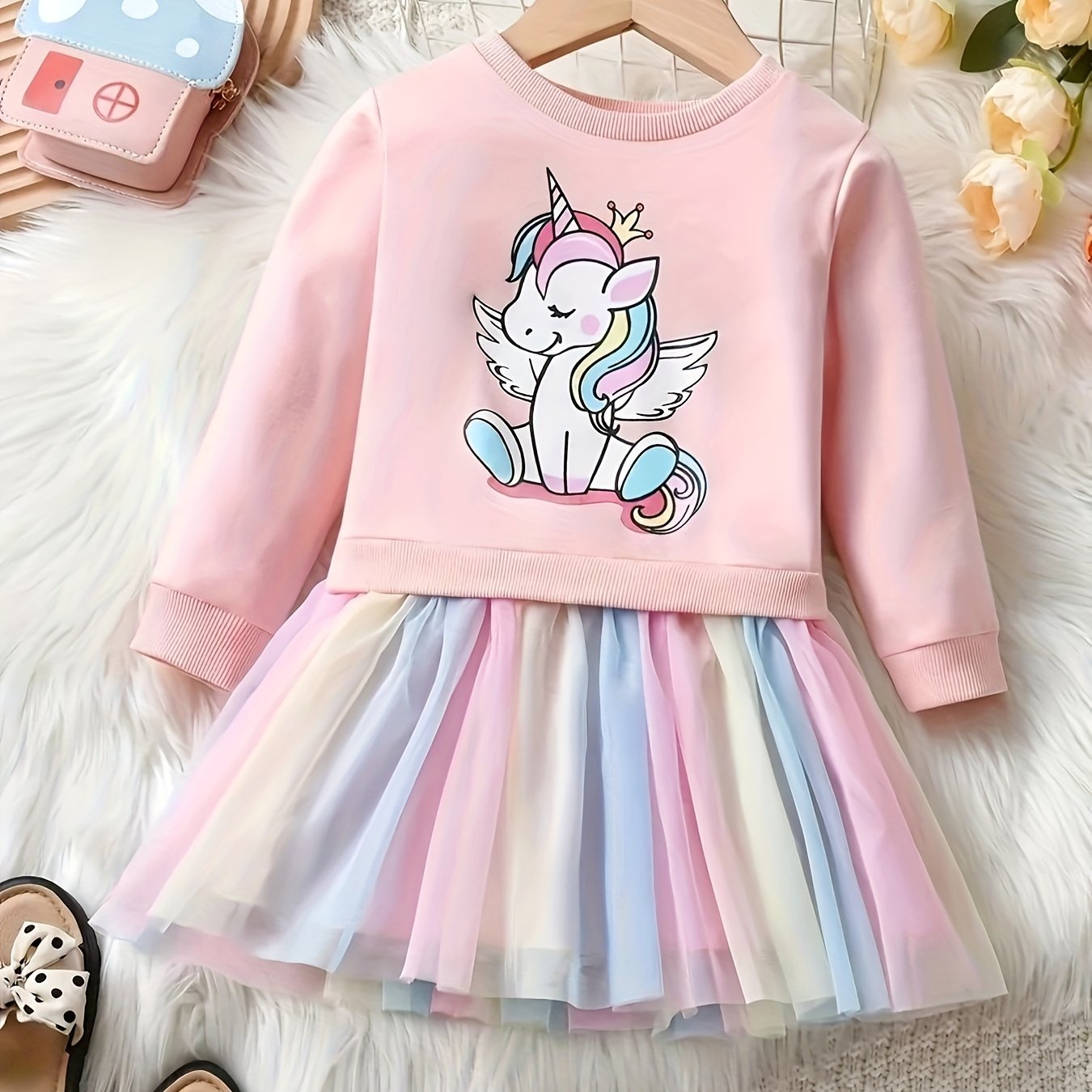 fachgo | Rainbow Tutu Hem Unicorn Print Long Sleeve Sweatshirt Dress - Magical Party & Vacation Outfit for Trendy Girls - Cozy Spring/Autumn Wear