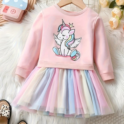 fachgo | Rainbow Tutu Hem Unicorn Print Long Sleeve Sweatshirt Dress - Magical Party & Vacation Outfit for Trendy Girls - Cozy Spring/Autumn Wear