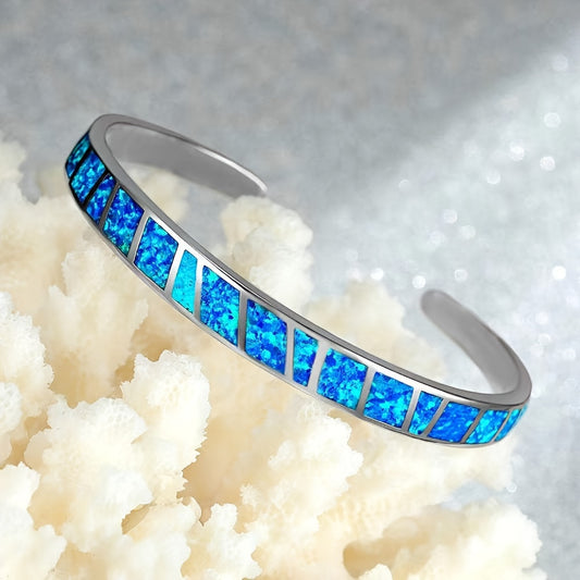 fachgo | Vintage Blue Opal Open Bracelet - 18K Golden Plated Copper with Synthetic Stones, Adjustable Chain, Elegant & Versatile Jewelry for Daily Wear or Parties, Party Accessory, Classic Style, Durable Bracelet