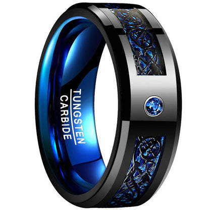 fachgo | 8Mm Wide Inlaid Black Dragon Pattern Blue Carbon Fiber Men'S Tungsten Ring USA Size 7-14, Without Battery