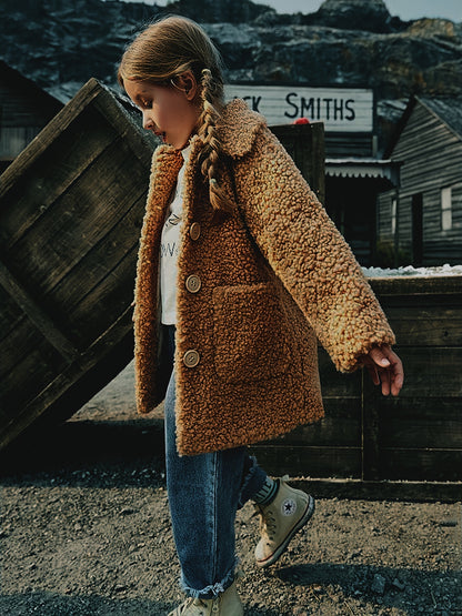 fachgo | [Lamb Fur Jacket] Girls' Lamb Fur Jacket | JOMAKE Korean-Style Lapel Collar, Two-Tone, Warm Windbreaker with Pockets, Lining, Button Closure, Long Sleeves for Winter