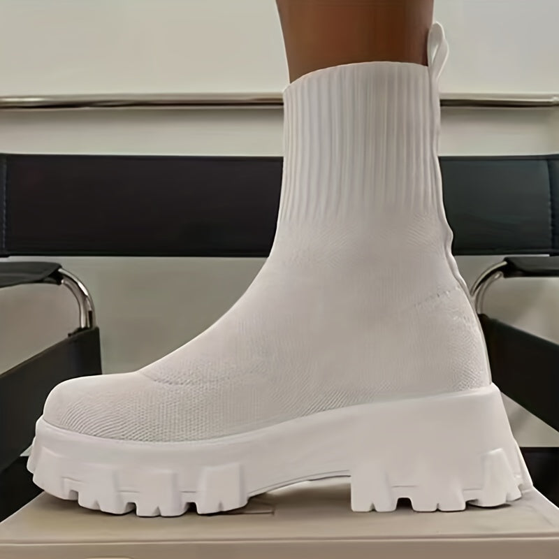 fachgo | Women's Thick-soled Short Boots, Knitted Round Toe Shoes, Women Shoes