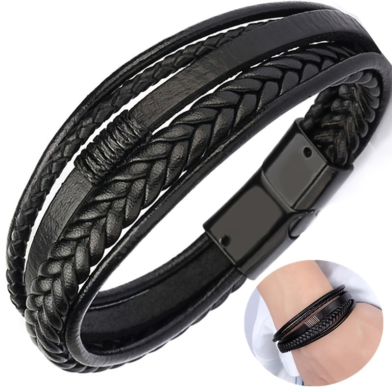 fachgo | 1pc Men's Hand-Woven Multi-Layer Leather Bracelet with Buckle Closure - Stylish Faux Leather Cuff, Durable & Versatile Accessory for Casual or Formal Wear