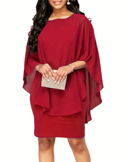 fachgo | Plus Size, Plus Size Women's Classic Solid Color Cover-Up Faux Two-Piece Blouse Chiffon Dress