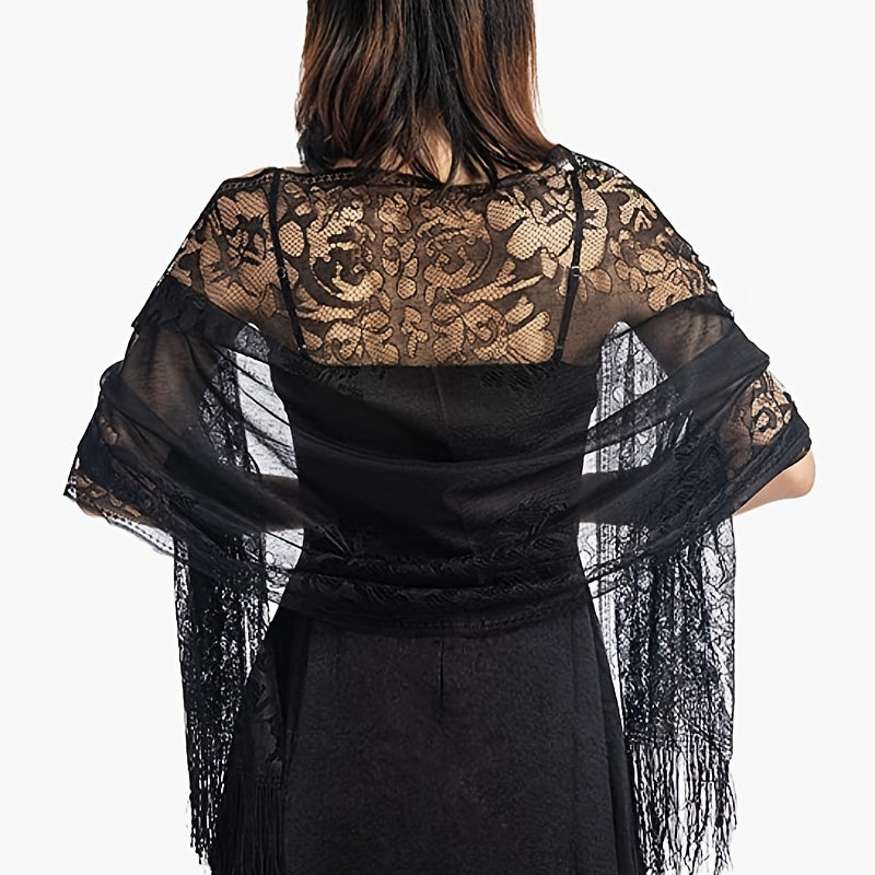 fachgo | [Floral Lace Scarf With Tassels] Ladies Women's Floral Lace Scarf Shawl With Tassels, Soft Mesh Fringe Wraps Bridal Shawl For Wedding Evening Party Dresses