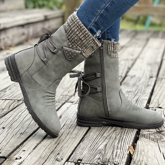 fachgo | Vintage Classic Elegant Mid-Calf Boots. Elastic Shaft Design with Lace-Up Adjustment for Plus-Size. Multiple Colors Available: Gray, Black, Khaki, Blue, Purple. Cute Round-Toe Slip-On Autumn Ankle Boots, a Lovely Gift for Wom
