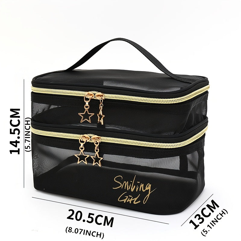 fachgo | Spacious Travel Cosmetic Organizer - Dual-Layer Clear Mesh Makeup Bag with Secure Zipper for Women