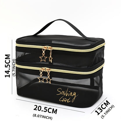 fachgo | Spacious Travel Cosmetic Organizer - Dual-Layer Clear Mesh Makeup Bag with Secure Zipper for Women