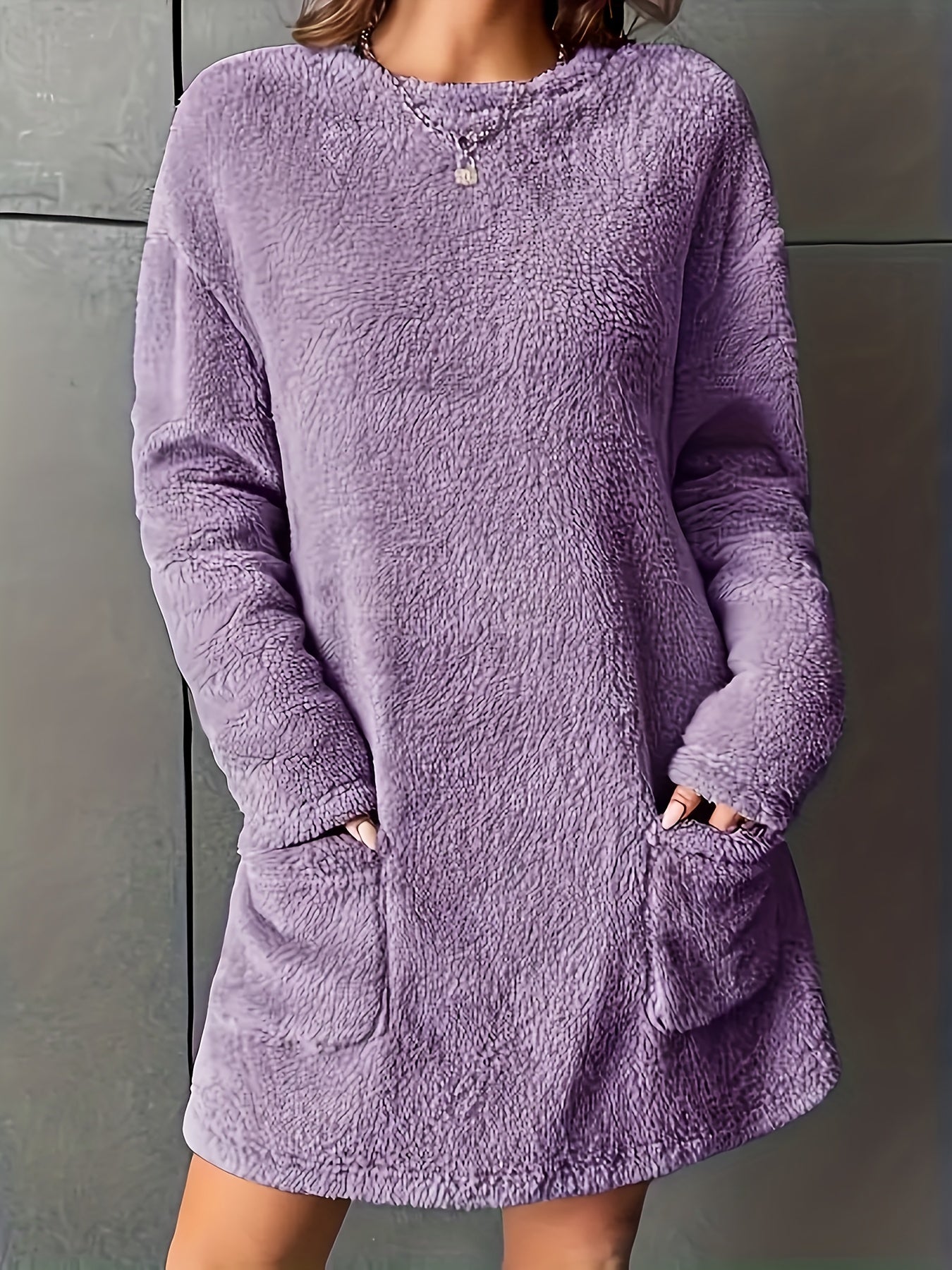 fachgo | [2025 New Plush Sweatshirt] New Autumn Winter Women's Plush Comfortable Casual Solid Color Pocket Round Neck Warm Long Sleeve Sweatshirt 2025