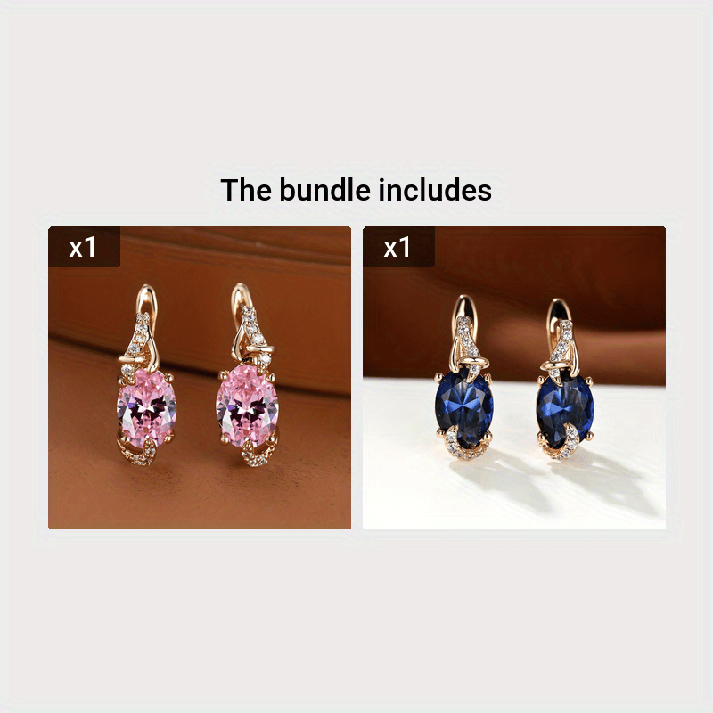 fachgo | [18K Gold Plated Earrings] 18K Gold Plated Blue Stone Stud Earrings | Trendy Round Oval Cut White Blue Red Pink Stone Drop Earrings | Anniversary Claw Earrings Jewelry for Women