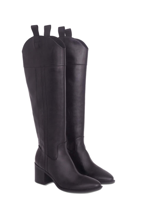 fachgo | Brown Calf Leather Knee-High Boots – Women’s Block Heel Riding Boots