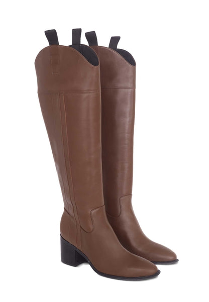 fachgo | Brown Calf Leather Knee-High Boots – Women’s Block Heel Riding Boots