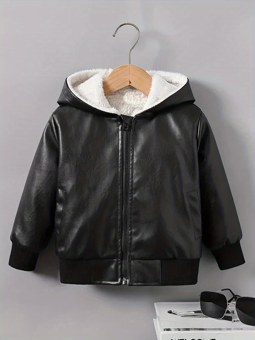 fachgo | Boys' Faux Leather Jacket with Fleece Lining - Thickened Winter Coat, Full-Zip Front Closure, Machine Washable, Casual Style for Fall/Winter, Regular Fit