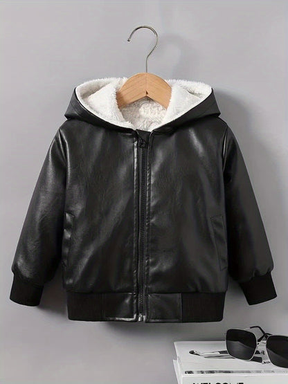 fachgo | Boys' Faux Leather Jacket with Fleece Lining - Thickened Winter Coat, Full-Zip Front Closure, Machine Washable, Casual Style for Fall/Winter, Regular Fit