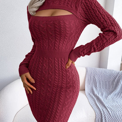 fachgo | Solid Ribbed Knit Keyhole Dress, Elegant Crew Neck Long Sleeve Bodycon Dress - Stretchy & Comfortable Fabric - For Women - Perfect for Parties & Night Out - Ideal Gift for Her
