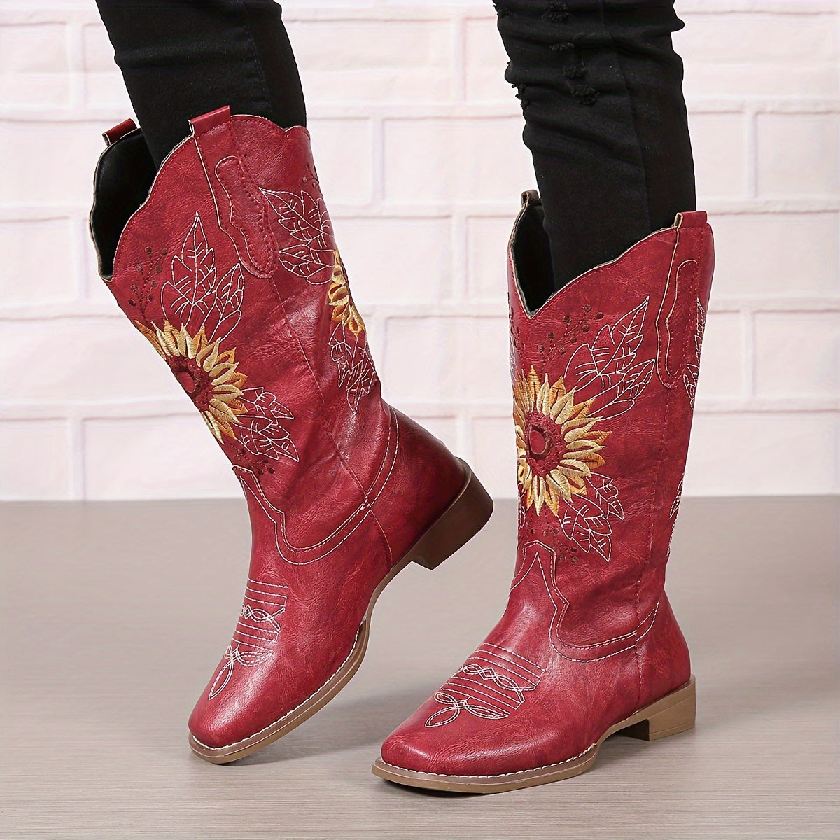 fachgo | [Mid Calf Embroidered Western Boots] Women's Embroidered Mid Calf Western Boots, Faux Leather Fashion Boots, Women's Footwear