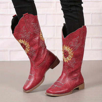 fachgo | [Mid Calf Embroidered Western Boots] Women's Embroidered Mid Calf Western Boots, Faux Leather Fashion Boots, Women's Footwear