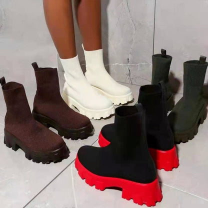 fachgo | Women's Thick-soled Short Boots, Knitted Round Toe Shoes, Women Shoes