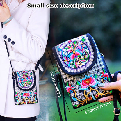 fachgo | Retro Boho Embroidered Phone Bag, Mini Ethnic Travel One Shoulder Bag For Women