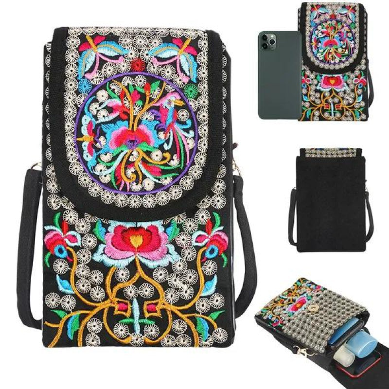fachgo | Retro Boho Embroidered Phone Bag, Mini Ethnic Travel One Shoulder Bag For Women