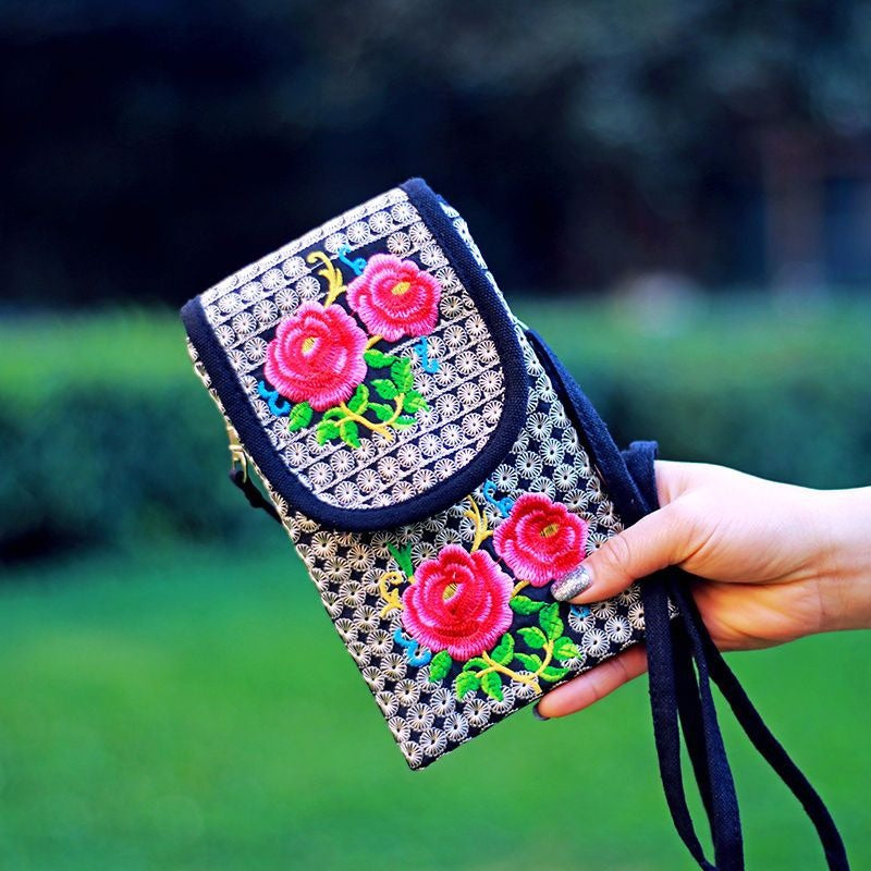 fachgo | Retro Boho Embroidered Phone Bag, Mini Ethnic Travel One Shoulder Bag For Women